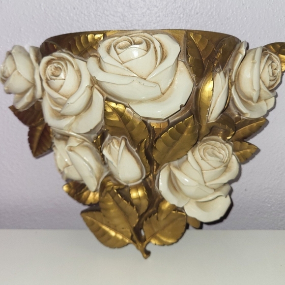 Vintage Other - 70s Capode Wall Pocket Gold Leaves Embossed Flowers Firm$